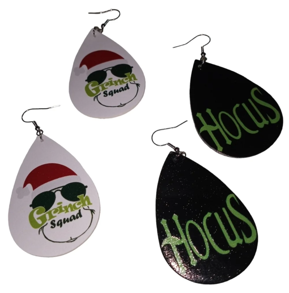 Faux leather grinch teardrop earrings